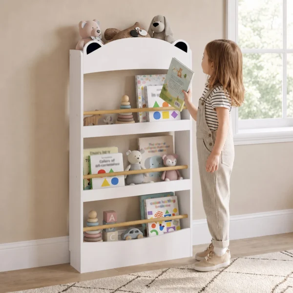Kinderboekenkast, Wandgemonteerd Kinderrek Met 4 Niveaus, Wandrek Met Beer vormig Ontwerp, 50 X 15 X 97 Cm Wit