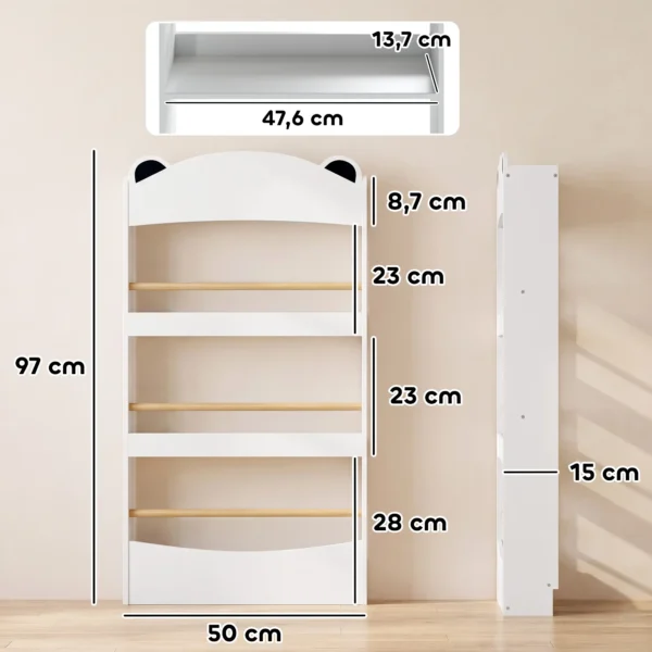 Kinderboekenkast, Wandgemonteerd Kinderrek Met 4 Niveaus, Wandrek Met Beer vormig Ontwerp, 50 X 15 X 97 Cm Wit