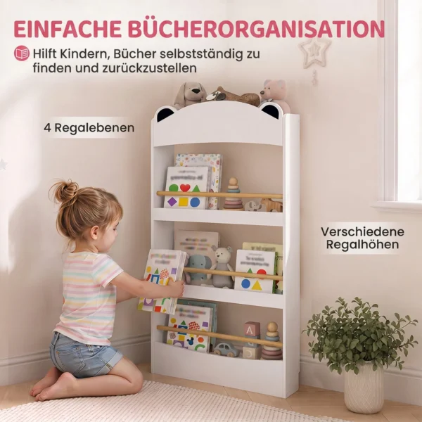 Kinderboekenkast, Wandgemonteerd Kinderrek Met 4 Niveaus, Wandrek Met Beer vormig Ontwerp, 50 X 15 X 97 Cm Wit