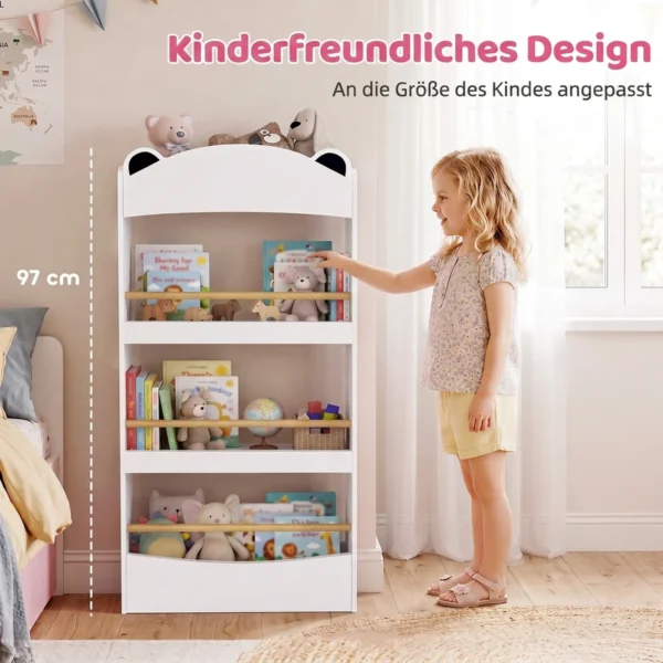 Kinderboekenkast, Wandgemonteerd Kinderrek Met 4 Niveaus, Wandrek Met Beer vormig Ontwerp, 50 X 15 X 97 Cm Wit