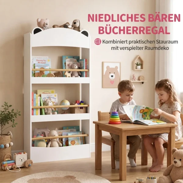 Kinderboekenkast, Wandgemonteerd Kinderrek Met 4 Niveaus, Wandrek Met Beer vormig Ontwerp, 50 X 15 X 97 Cm Wit