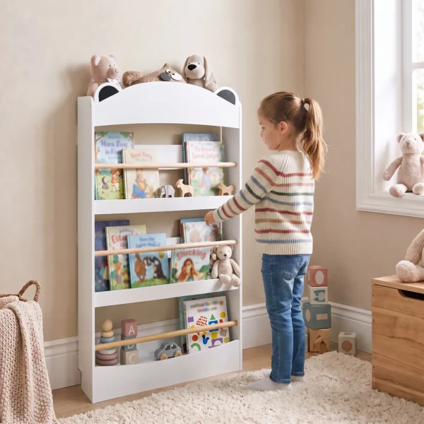Kinderboekenkast, Wandgemonteerd Kinderrek Met 4 Niveaus, Wandrek Met Beer vormig Ontwerp, 50 X 15 X 97 Cm Wit