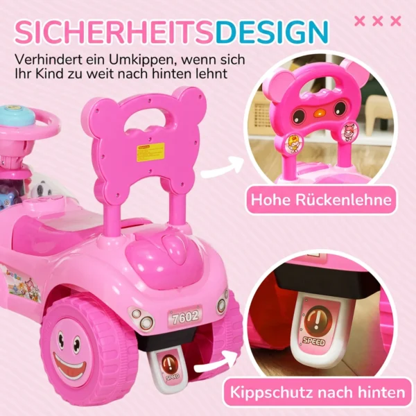 Kinderglijauto Met Muziek, Claxon, Licht, Anti kantelbeveiliging & Opbergruimte Onder De Zitting, 18 36 Maanden, Roze