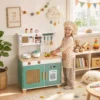 Kinderkeuken Houten Speelkeuken Accessoires Met Koffiezetapparaat IJsblokjesdispenser Kast Fornuis Kraan 3 6 Jaar Groen