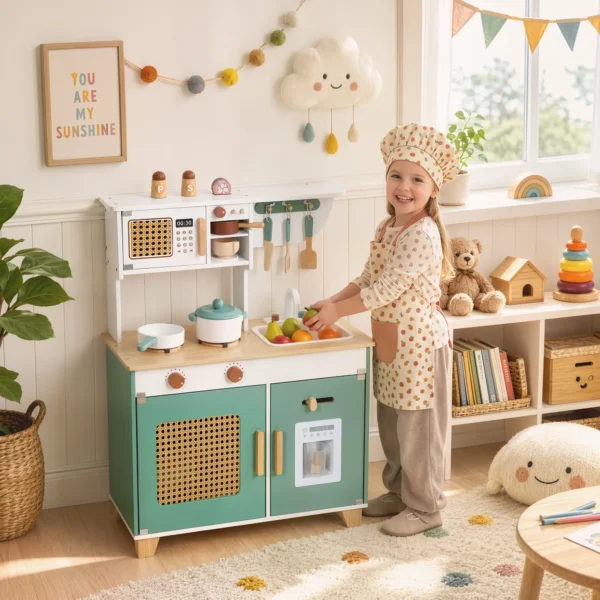 Kinderkeuken Houten Speelkeuken Accessoires Met Koffiezetapparaat IJsblokjesdispenser Kast Fornuis Kraan 3 6 Jaar Groen