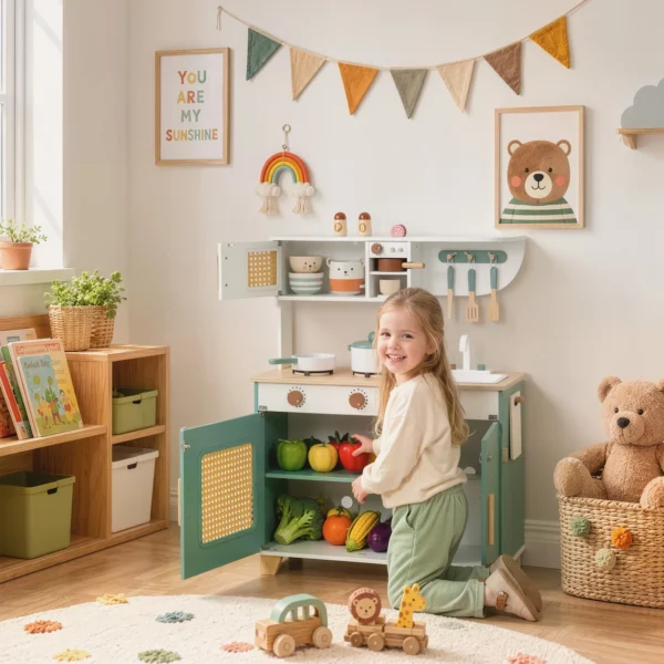 Kinderkeuken Houten Speelkeuken Accessoires Met Koffiezetapparaat IJsblokjesdispenser Kast Fornuis Kraan 3 6 Jaar Groen