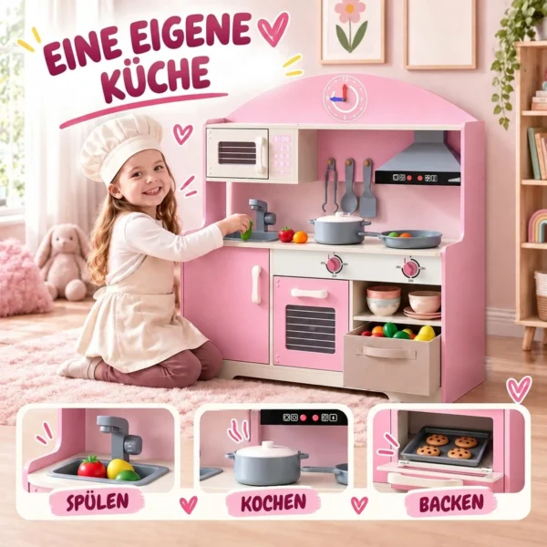 Kinderküche Kinder Holz Spielküche Zubehör Mit Licht & Sound Stoffschublade Backofen Herd Spüle Mikrowelle