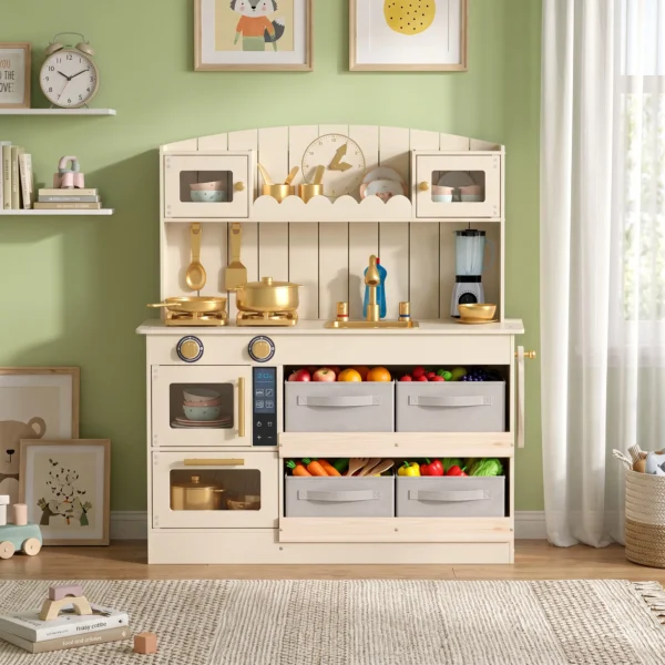 Kinderküche Kinder Holz Spielküche Zubehör Mit Licht & Sound Stoffschubladen Mikrowelle Herd Wasserhahn Ablage