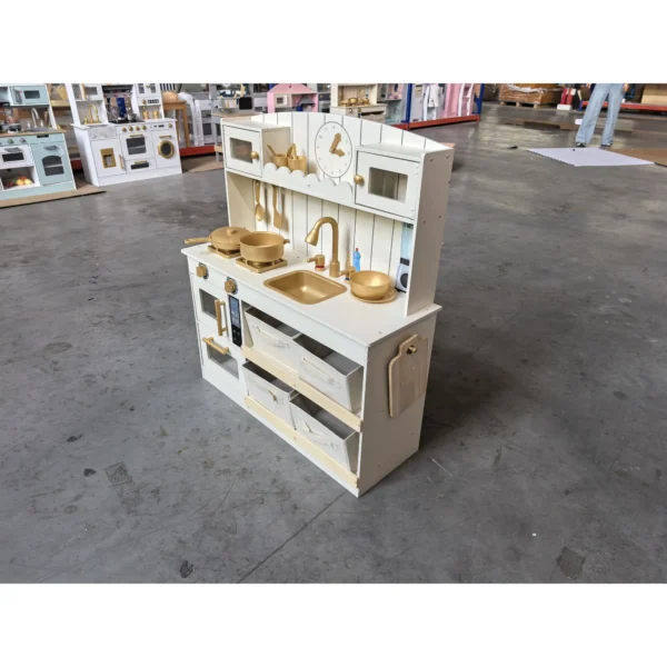 Kinderküche Kinder Holz Spielküche Zubehör Mit Licht & Sound Stoffschubladen Mikrowelle Herd Wasserhahn Ablage