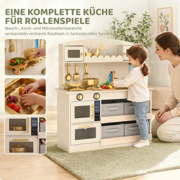 Kinderküche Kinder Holz Spielküche Zubehör Mit Licht & Sound Stoffschubladen Mikrowelle Herd Wasserhahn Ablage