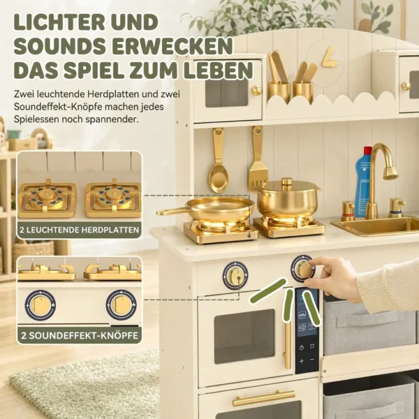 Kinderküche Kinder Holz Spielküche Zubehör Mit Licht & Sound Stoffschubladen Mikrowelle Herd Wasserhahn Ablage