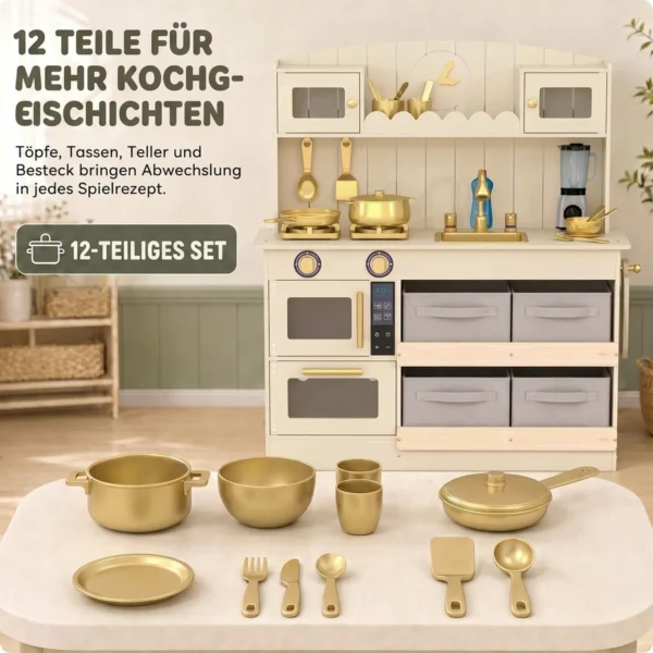 Kinderküche Kinder Holz Spielküche Zubehör Mit Licht & Sound Stoffschubladen Mikrowelle Herd Wasserhahn Ablage
