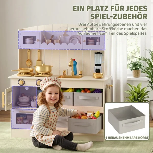 Kinderküche Kinder Holz Spielküche Zubehör Mit Licht & Sound Stoffschubladen Mikrowelle Herd Wasserhahn Ablage