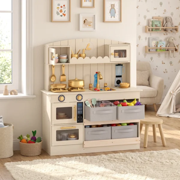 Kinderküche Kinder Holz Spielküche Zubehör Mit Licht & Sound Stoffschubladen Mikrowelle Herd Wasserhahn Ablage