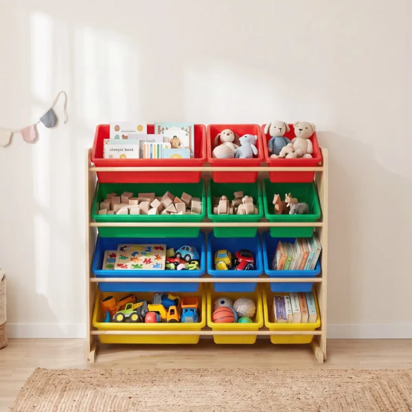 Kinderregal, 4 stufig Spielzeugregal Mit 12 Herausnehmbaren Aufbewahrungsboxen 85,5 X 40 X 88,5 Cm, Mehrfarbig