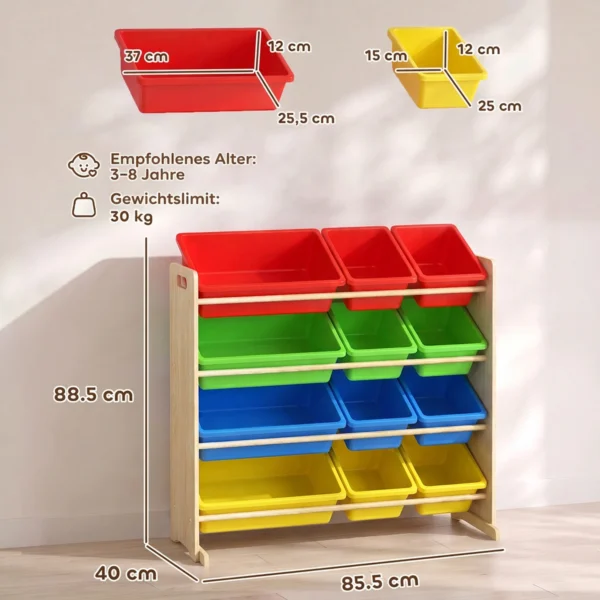 Kinderregal, 4 stufig Spielzeugregal Mit 12 Herausnehmbaren Aufbewahrungsboxen 85,5 X 40 X 88,5 Cm, Mehrfarbig