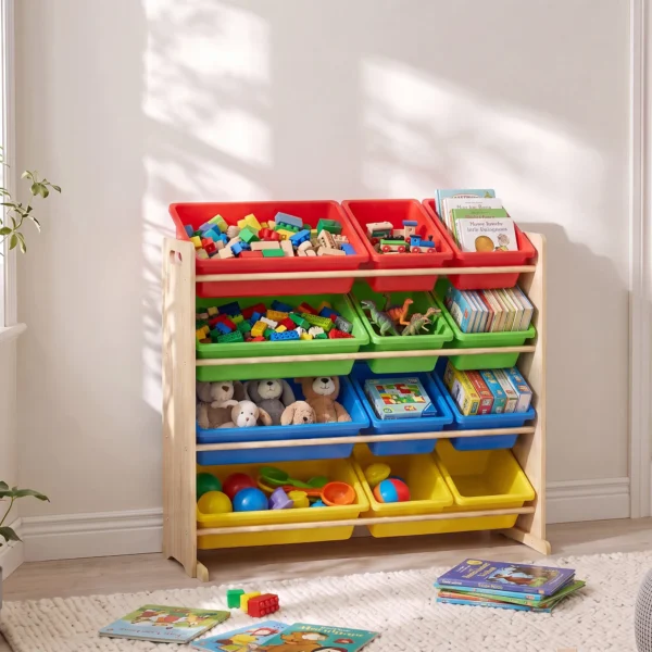 Kinderregal, 4 stufig Spielzeugregal Mit 12 Herausnehmbaren Aufbewahrungsboxen 85,5 X 40 X 88,5 Cm, Mehrfarbig