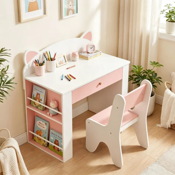 Kindertafel Met Stoel 2 delige Kinderzitgroep Met Boekenplank Lade Vos ontwerp Voor Kinderen 3 8 Wit+Roze