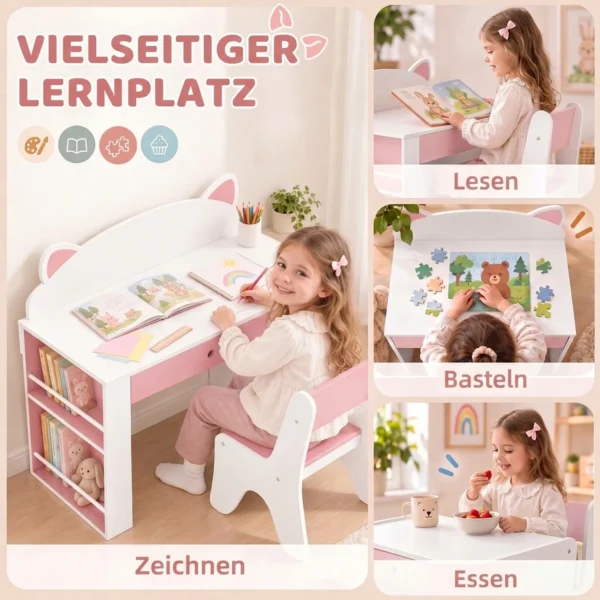 Kindertafel Met Stoel 2 delige Kinderzitgroep Met Boekenplank Lade Vos ontwerp Voor Kinderen 3 8 Wit+Roze