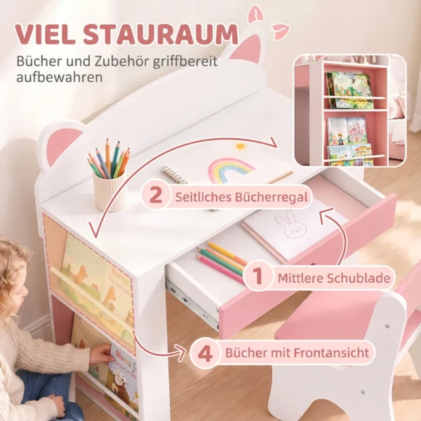 Kindertafel Met Stoel 2 delige Kinderzitgroep Met Boekenplank Lade Vos ontwerp Voor Kinderen 3 8 Wit+Roze