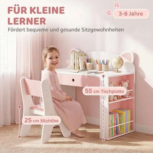 Kindertafel Met Stoel 2 delige Kinderzitgroep Met Boekenplank Lade Vos ontwerp Voor Kinderen 3 8 Wit+Roze