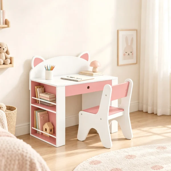 Kindertafel Met Stoel 2 delige Kinderzitgroep Met Boekenplank Lade Vos ontwerp Voor Kinderen 3 8 Wit+Roze