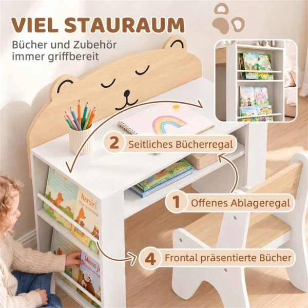 Kindertafel Met Stoel 2 delige Kinderzitgroep Met Boekenrek Opbergvak Beer ontwerp Voor Kinderen 3 8 Wit