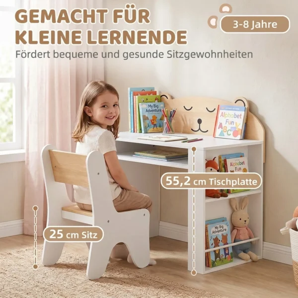 Kindertafel Met Stoel 2 delige Kinderzitgroep Met Boekenrek Opbergvak Beer ontwerp Voor Kinderen 3 8 Wit