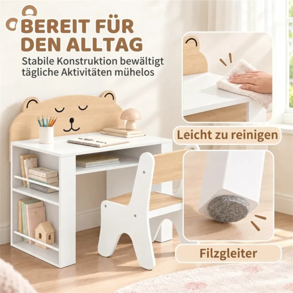 Kindertafel Met Stoel 2 delige Kinderzitgroep Met Boekenrek Opbergvak Beer ontwerp Voor Kinderen 3 8 Wit