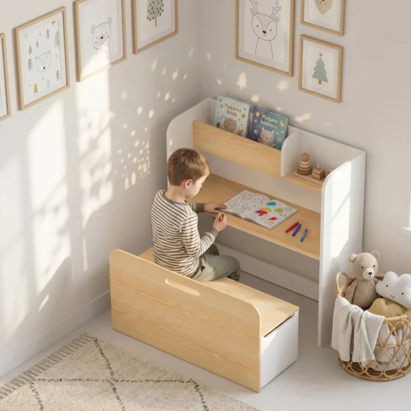 Kindertafel Met Zitbank 5 in 1 Kinderzitgroep Met Boekenrek, Rolbare Kinderkistbank Met Opbergdoos Voor 3 8 Jaar