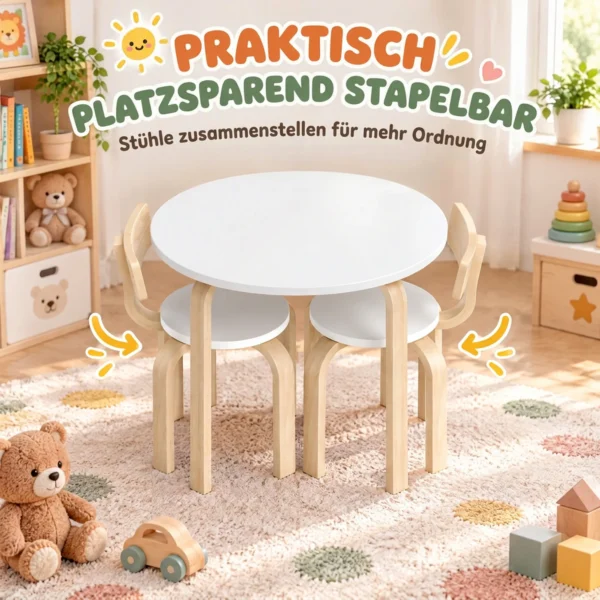 Kindertisch Mit 2 Stühlen 3 teilig Stapelbar Kindersitzgruppe Mit Abgerundete Ecken, Für 3 8 Jahren Weiß