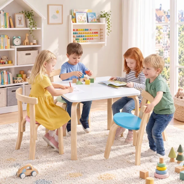 Kindertisch Mit 4 Stühlen 5 teilig Stapelbar Kindersitzgruppe Mit Abgerundete Ecken Für 3 8 Jahren, Mehrfarbig