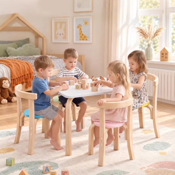 Kindertisch Mit 4 Stühlen 5 teilig Stapelbar Kindersitzgruppe Mit Abgerundete Ecken Für 3 8 Jahren, Mehrfarbig