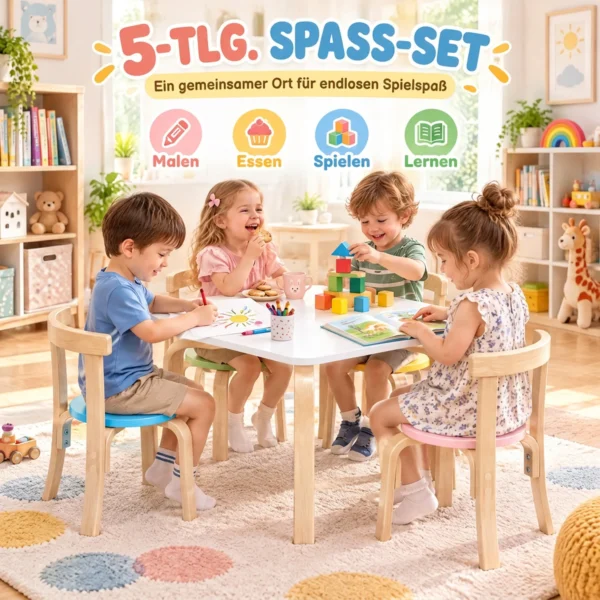 Kindertisch Mit 4 Stühlen 5 teilig Stapelbar Kindersitzgruppe Mit Abgerundete Ecken Für 3 8 Jahren, Mehrfarbig