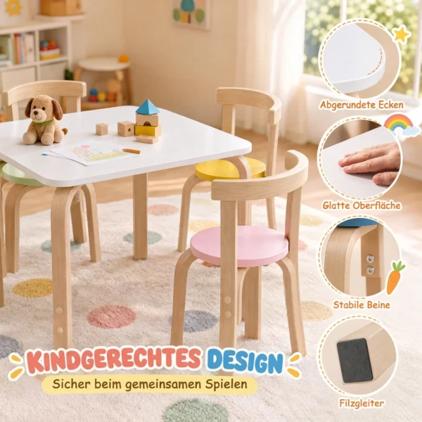 Kindertisch Mit 4 Stühlen 5 teilig Stapelbar Kindersitzgruppe Mit Abgerundete Ecken Für 3 8 Jahren, Mehrfarbig