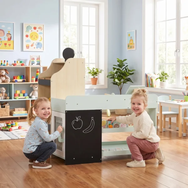Kinderwinkel Met Krijtbord, Speelgoedvoedsel, Scanner, Kassa, Zijplanken, 44 Winkelaccessoires Van Hout Voor Kinderen Van 3 6 Jaar