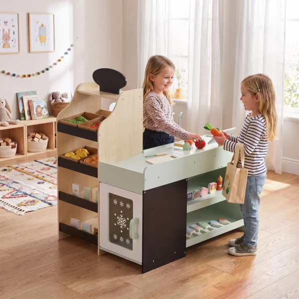 Kinderwinkel Met Krijtbord, Speelgoedvoedsel, Scanner, Kassa, Zijplanken, 44 Winkelaccessoires Van Hout Voor Kinderen Van 3 6 Jaar