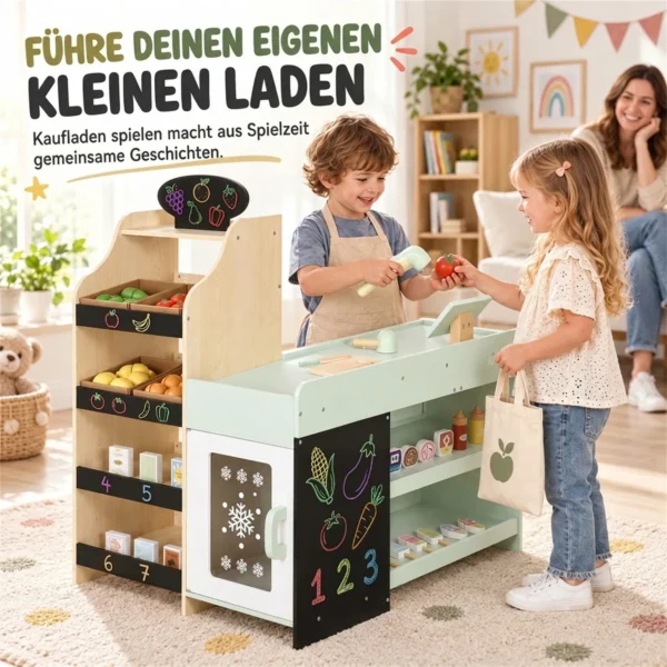 Kinderwinkel Met Krijtbord, Speelgoedvoedsel, Scanner, Kassa, Zijplanken, 44 Winkelaccessoires Van Hout Voor Kinderen Van 3 6 Jaar