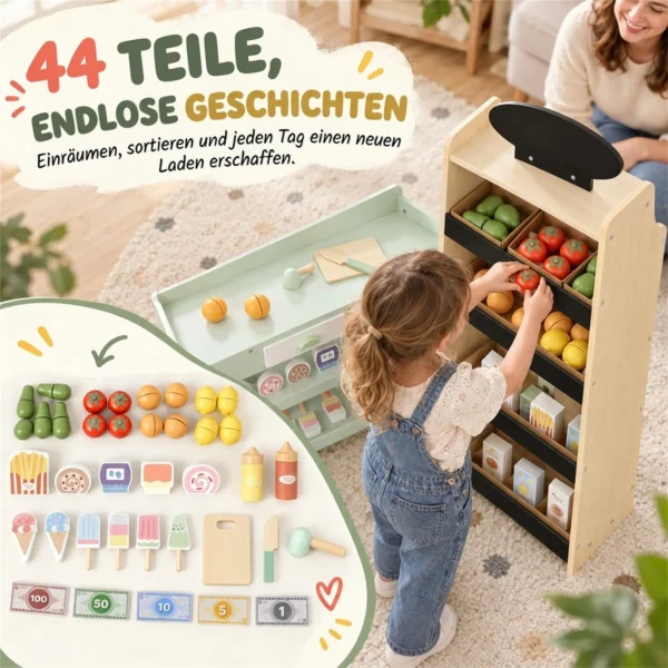 Kinderwinkel Met Krijtbord, Speelgoedvoedsel, Scanner, Kassa, Zijplanken, 44 Winkelaccessoires Van Hout Voor Kinderen Van 3 6 Jaar