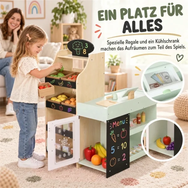 Kinderwinkel Met Krijtbord, Speelgoedvoedsel, Scanner, Kassa, Zijplanken, 44 Winkelaccessoires Van Hout Voor Kinderen Van 3 6 Jaar