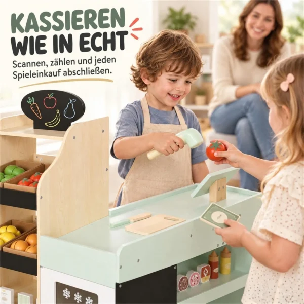Kinderwinkel Met Krijtbord, Speelgoedvoedsel, Scanner, Kassa, Zijplanken, 44 Winkelaccessoires Van Hout Voor Kinderen Van 3 6 Jaar