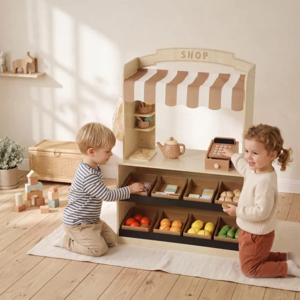 Kinderwinkel Supermarkt Met Kassa, Bord, Planken En 61 Speelaccessoires Voor Kinderen Van 3 8 Jaar, Gemaakt Van Natuurhout