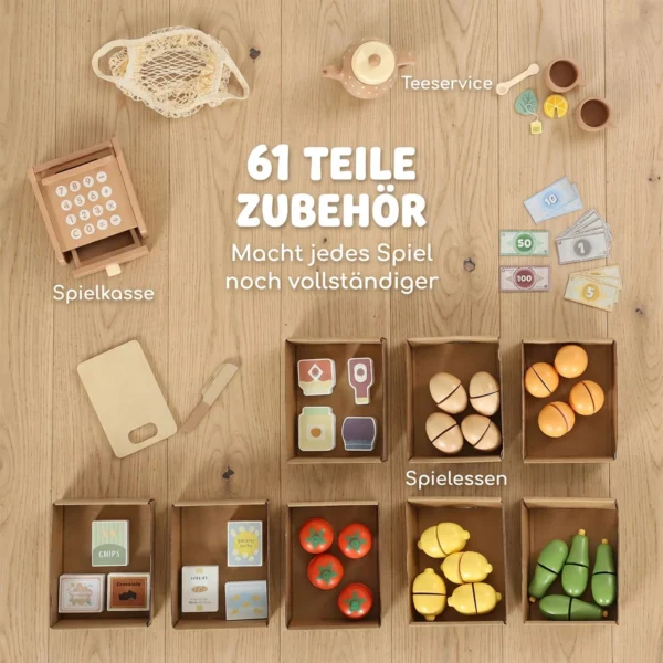 Kinderwinkel Supermarkt Met Kassa, Bord, Planken En 61 Speelaccessoires Voor Kinderen Van 3 8 Jaar, Gemaakt Van Natuurhout