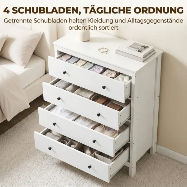 Kommode Mit 4 Schubladen, Moderne Schlafzimmerkommode, Mit Leichtgängigen Schubladen, 74 X 35 X 97 Cm, Weiß