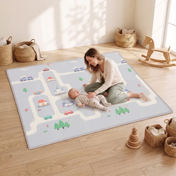 Krabbelmatte Faltbar Beidseitig Spielmatte Baby Mit Verkehrs & Dinosauriermotiv 200 X 180 Cm Für Kinder 0 3 Jahre