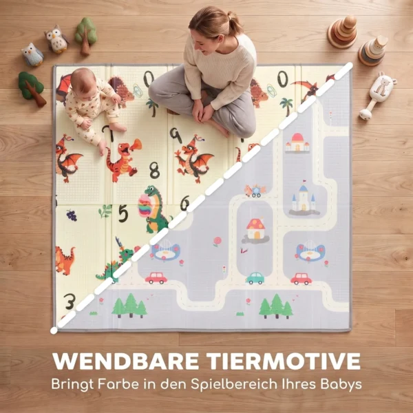 Krabbelmatte Faltbar Beidseitig Spielmatte Baby Mit Verkehrs & Dinosauriermotiv 200 X 180 Cm Für Kinder 0 3 Jahre