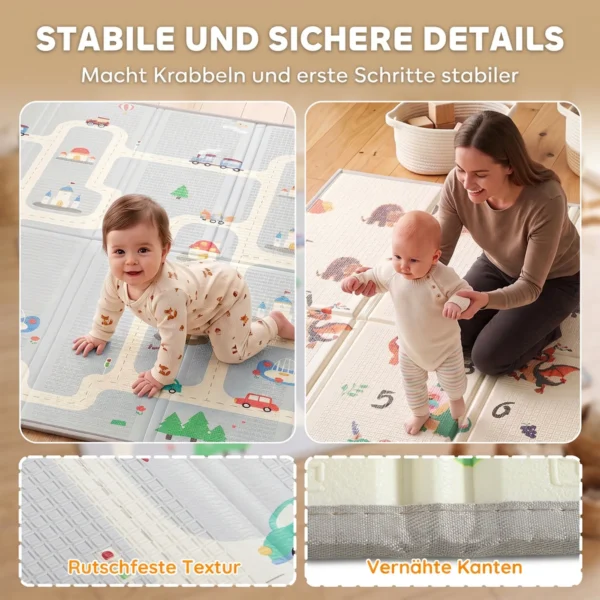 Krabbelmatte Faltbar Beidseitig Spielmatte Baby Mit Verkehrs & Dinosauriermotiv 200 X 180 Cm Für Kinder 0 3 Jahre