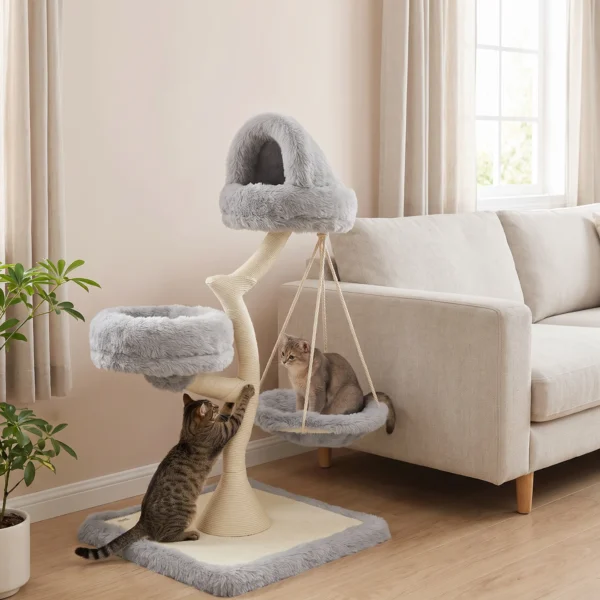 Krabpaal 115 Cm Hoog Kattenboom Met Boomvorm 2 Wasbare Bedden Hangmat Sisal Krabstam, Voor Katten Onder De 6 Kg