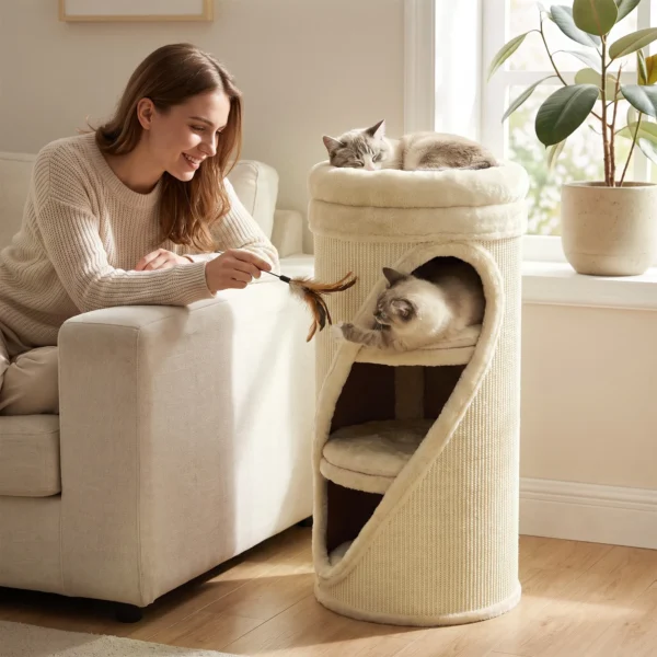 Krabton 75 Cm Hoog Ø 35 Cm 4 Laagse Kattenton Met 3 Holen, Afneembaar Wasbaar Pluche Bed Sisal Kraboppervlak