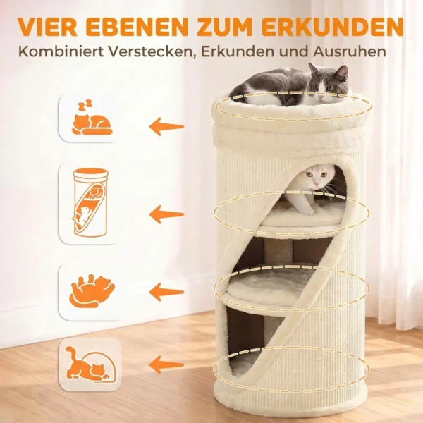 Krabton 75 Cm Hoog Ø 35 Cm 4 Laagse Kattenton Met 3 Holen, Afneembaar Wasbaar Pluche Bed Sisal Kraboppervlak